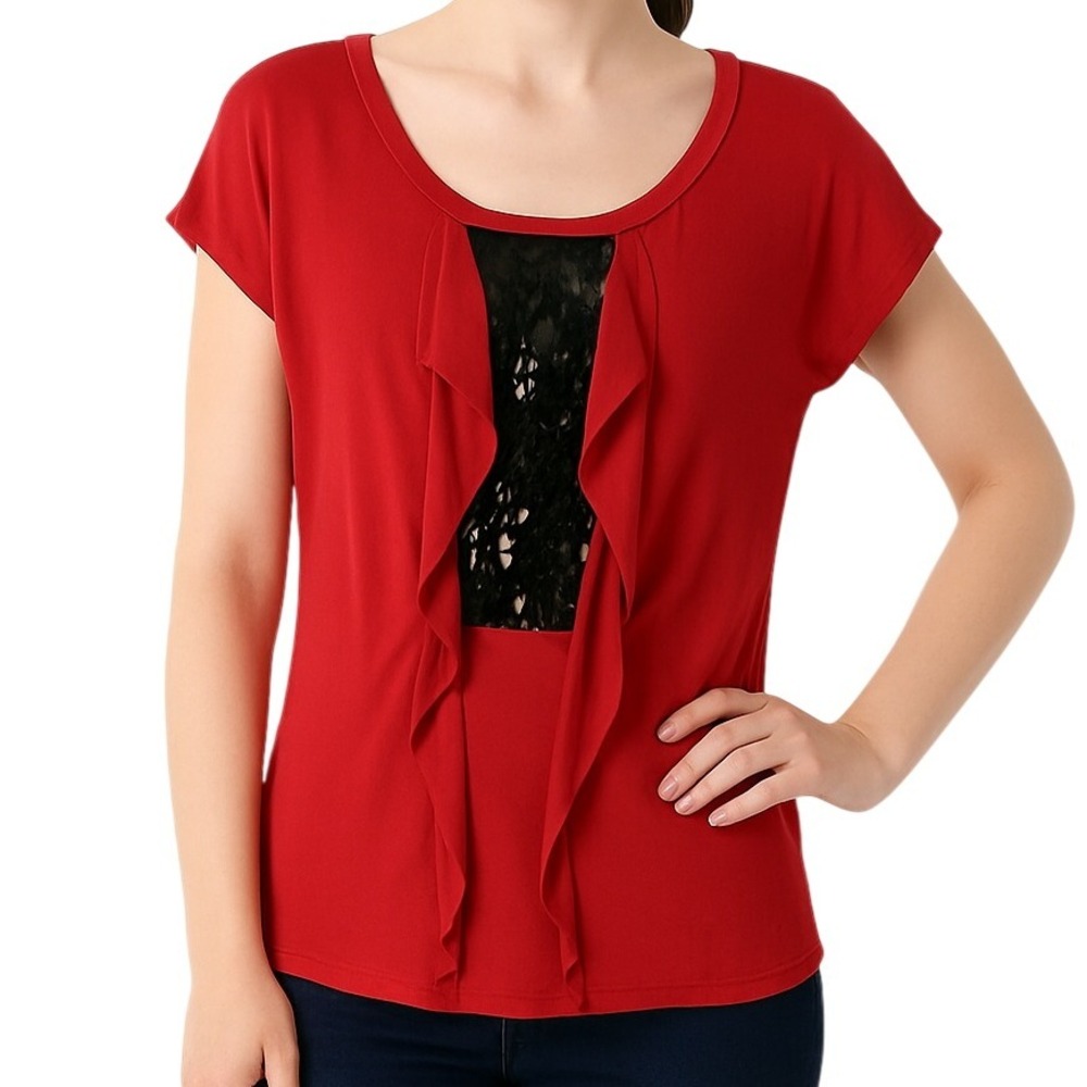 Ellen Tracy Red Blouse Black Sequin Ruffle Front Top Womens Small Short‎ Sleeve